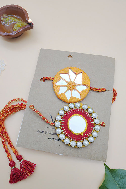 WHE Set of 2 Handmade Fabric and Mirror Rakhi combo