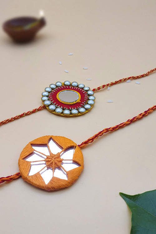 WHE Set of 2 Handmade Fabric and Mirror Rakhi combo
