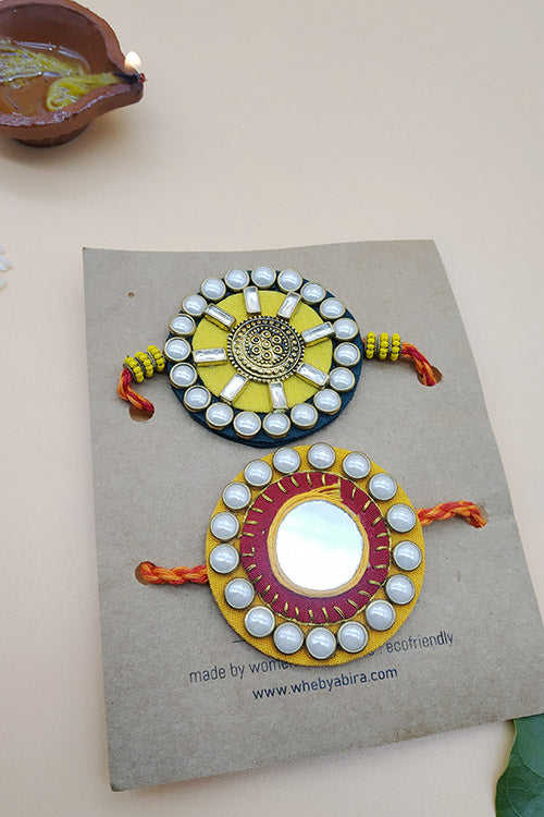 WHE Set of 2 Handmade Kundan Fabric Rakhi Combo