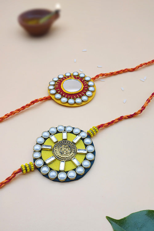 WHE Set of 2 Handmade Kundan Fabric Rakhi Combo