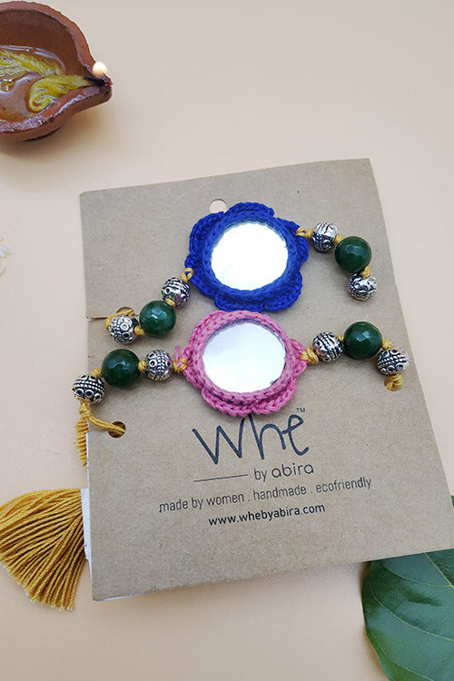 WHE Set of Handmade Crochet Mirror Rakhi combo with Gemstone beads