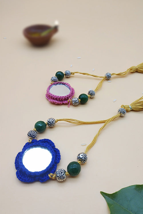 WHE Set of Handmade Crochet Mirror Rakhi combo with Gemstone beads
