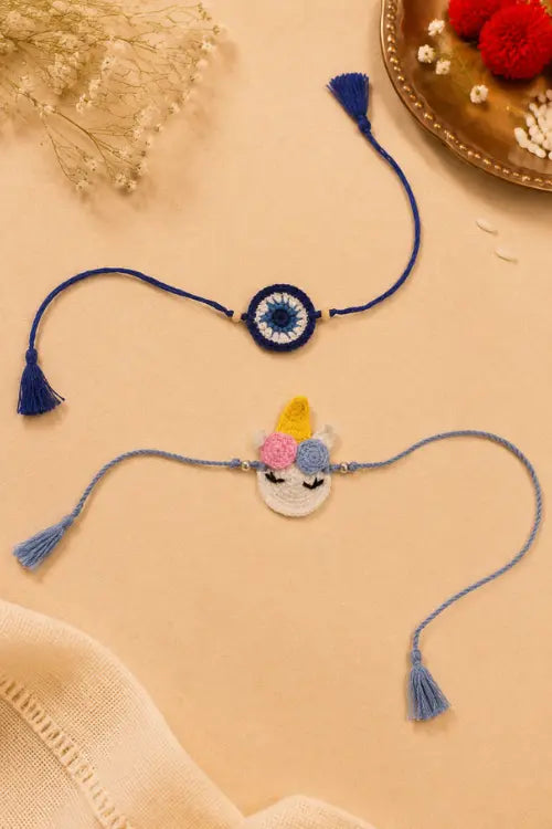 WHE Set Of Handmade Crochet Unicorn & Evil Eye Rakhi Combo