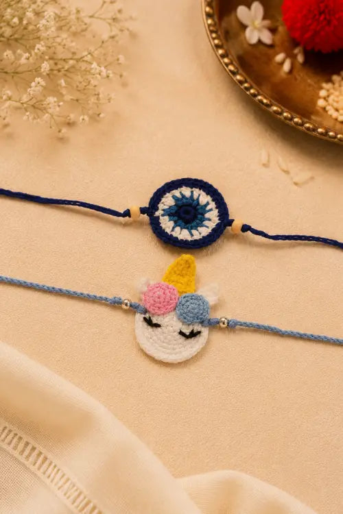 WHE Set Of Handmade Crochet Unicorn & Evil Eye Rakhi Combo