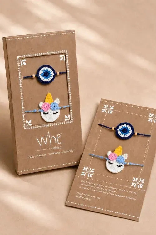 WHE Set Of Handmade Crochet Unicorn & Evil Eye Rakhi Combo