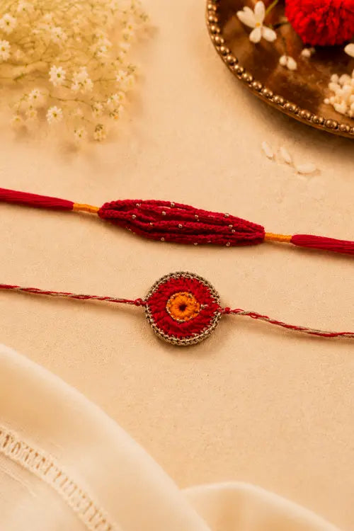 WHE Set Of 2 Orange Handmade Crochet Rakhi Combo
