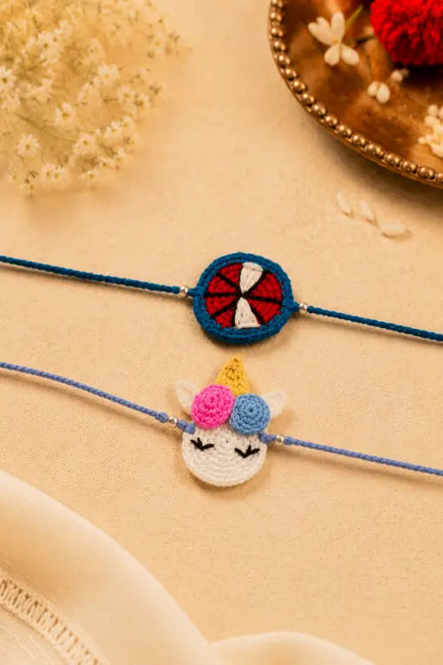 WHE Set Of 2 Handmade Crochet Unicorn & Spider-Man Rakhi Combo