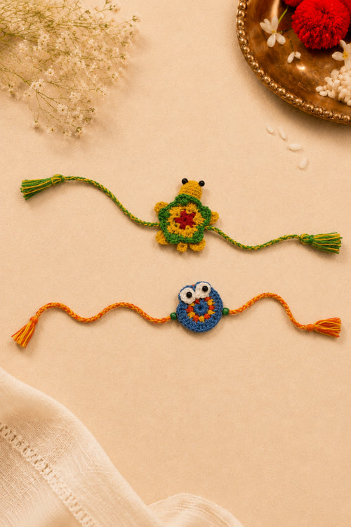 WHE Set Of 2 Handmade Crochet Turtle & Owl Rakhi Combo