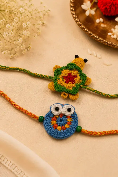WHE Set Of 2 Handmade Crochet Turtle & Owl Rakhi Combo