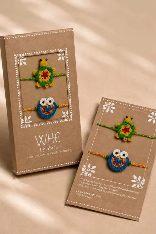 WHE Set Of 2 Handmade Crochet Turtle & Owl Rakhi Combo