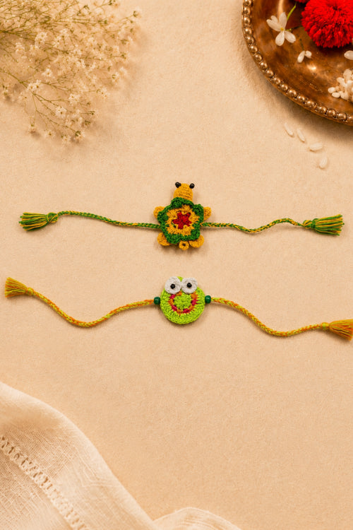 WHE Set Of 2 Handmade Crochet Frog & Turtle Rakhi Combo