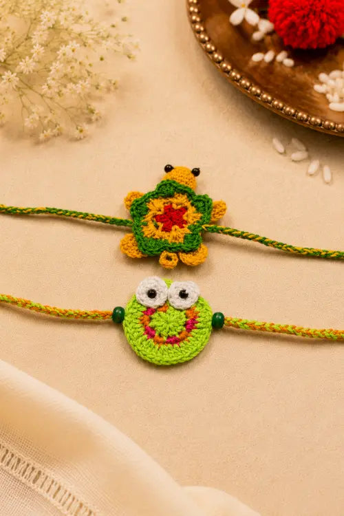WHE Set Of 2 Handmade Crochet Frog & Turtle Rakhi Combo