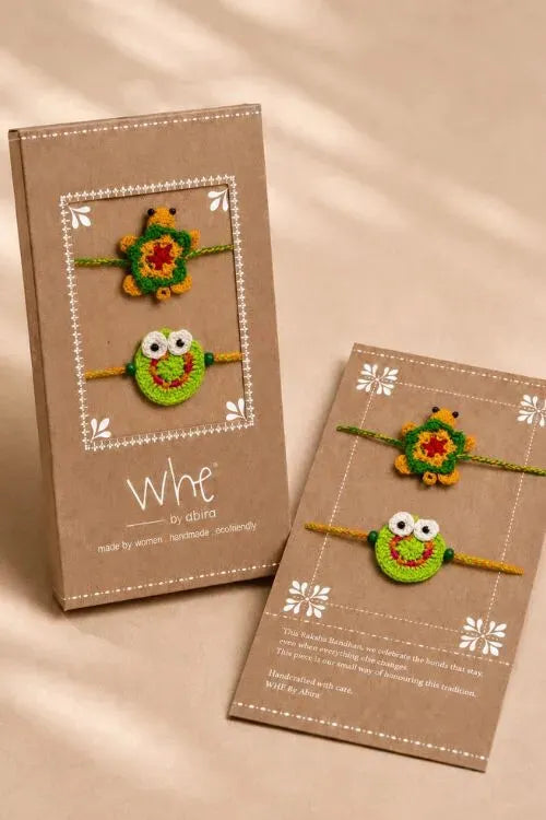 WHE Set Of 2 Handmade Crochet Frog & Turtle Rakhi Combo