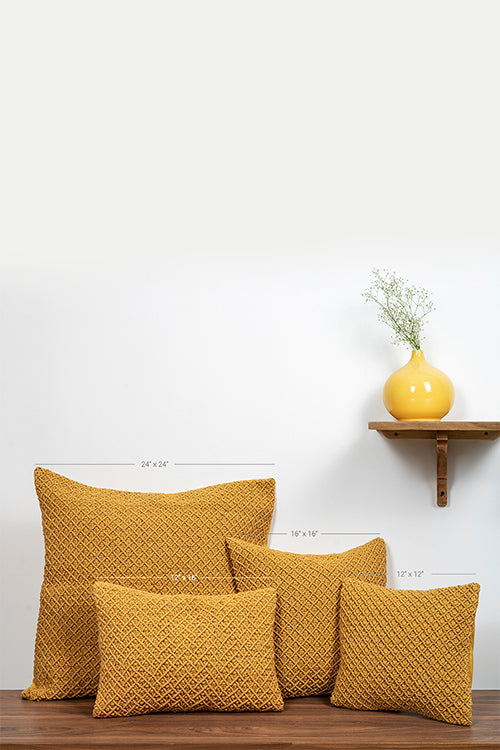 One 'O' Eight Knots Jewel Hand-Knotted 100% Cotton Cushion Cover (Single pc)-Mustard Yellow