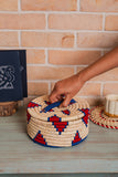 Kraftribe Handmade Kanshi Grass Red & Blue Chapati Box/Storage Box