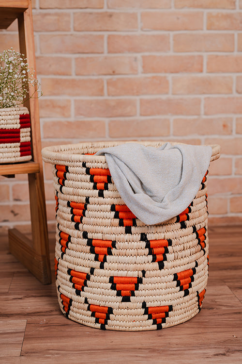 Kraftribe Handmade Kanshi and Palm Orange Motifs Laundry Basket