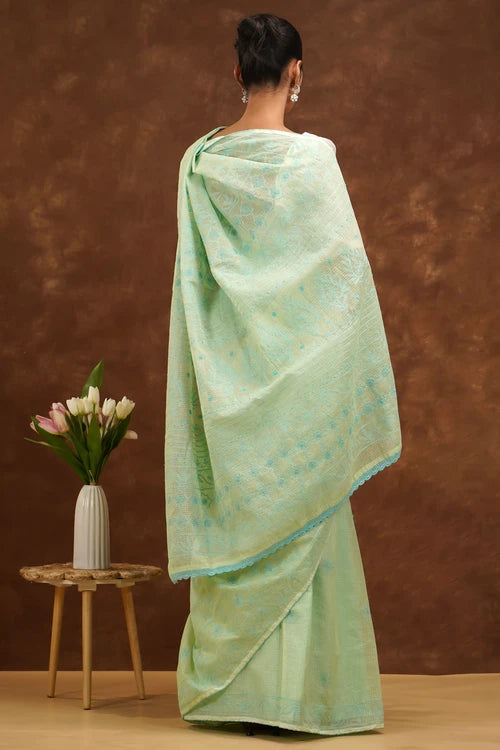 Shwet Hand Embroidered Chikankari Light Green Kota Cotton Saree
