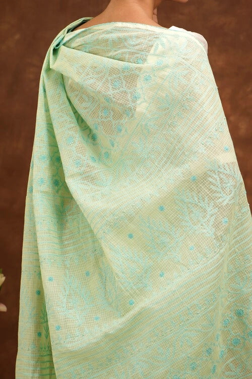Shwet Hand Embroidered Chikankari Light Green Kota Cotton Saree