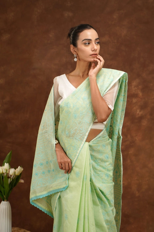 Shwet Hand Embroidered Chikankari Light Green Kota Cotton Saree
