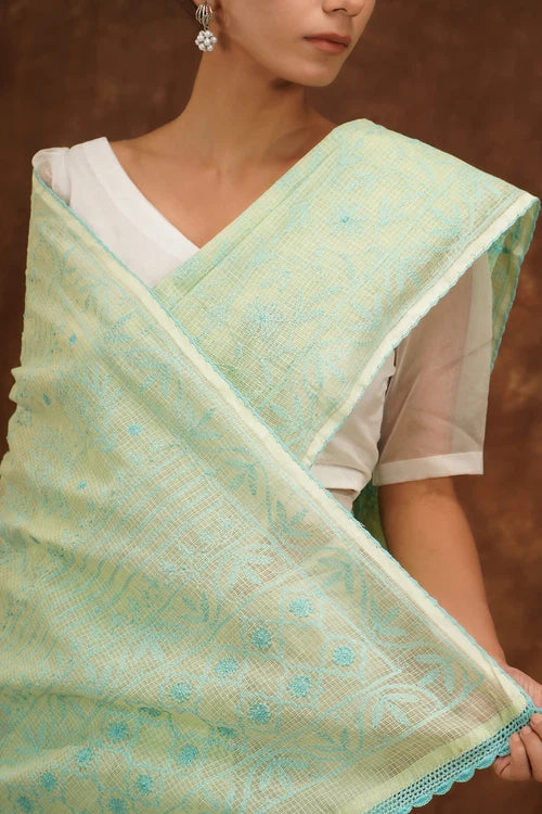 Shwet Hand Embroidered Chikankari Light Green Kota Cotton Saree