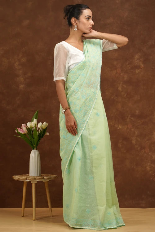 Shwet Hand Embroidered Chikankari Light Green Kota Cotton Saree