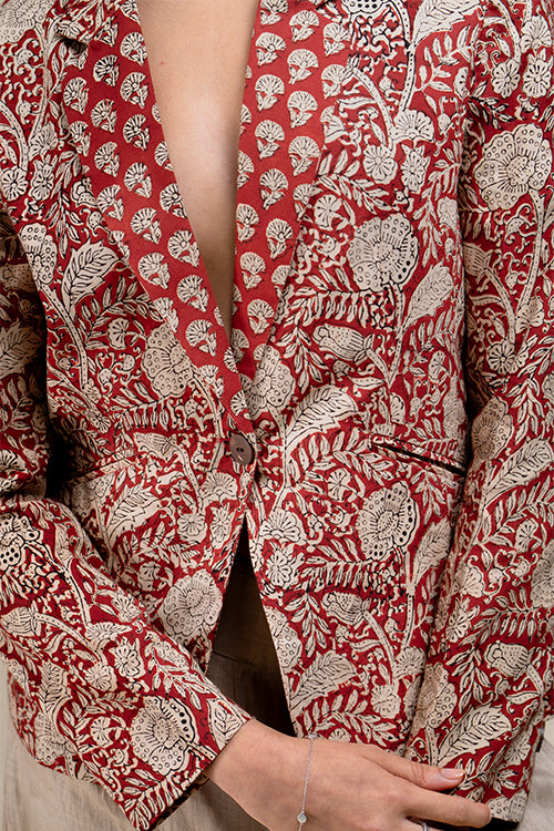 Triumphant Red Pure Cotton Handblock Printed Blazer Dress For Women Online
