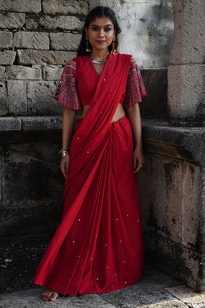 Okhai 'Embrace' Hand Embroidered Mirror Work Cotton Saree