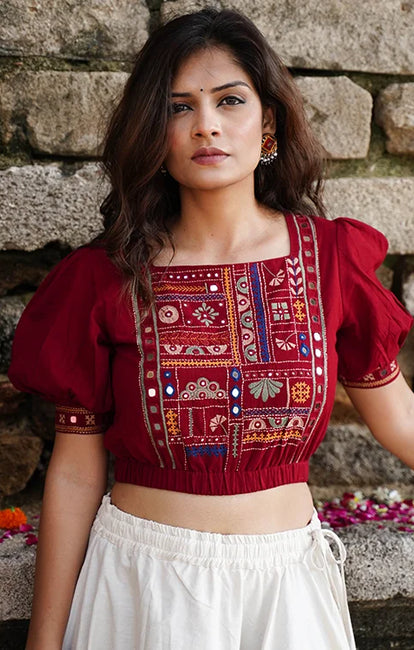 Okhai "Raas-Garba" Hand-Embroidery and Mirrorwork Brick Red Pure Cotton Blouse