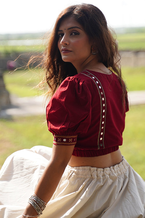 Okhai "Raas-Garba" Hand-Embroidery and Mirrorwork Brick Red Pure Cotton Blouse