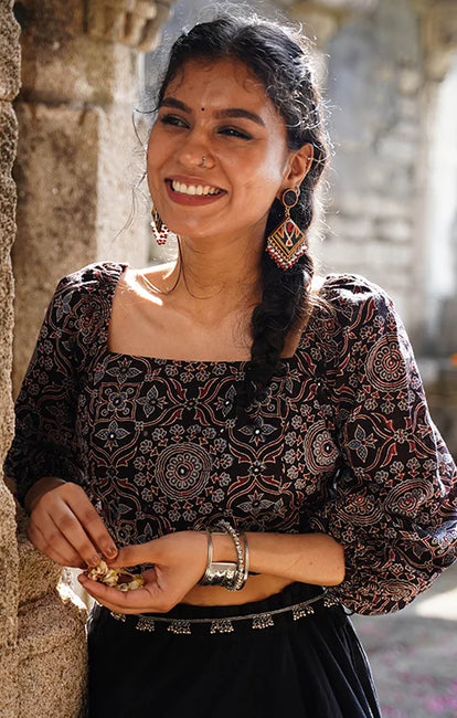 Okhai "Blackberry" Hand-Embroidered Mirrorwork Black Ajrakh Pure Cotton Blouse