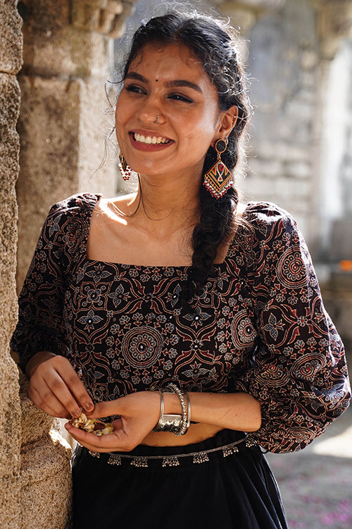 Okhai "Blackberry" Hand-Embroidered Mirrorwork Black Ajrakh Pure Cotton Blouse
