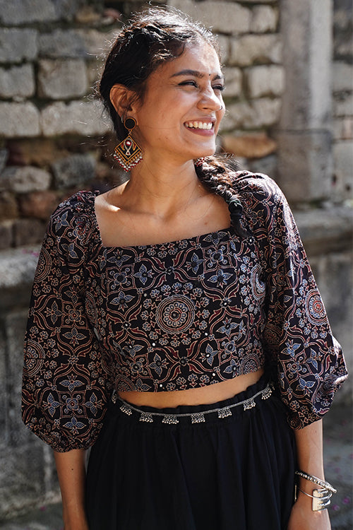 Okhai "Blackberry" Hand-Embroidered Mirrorwork Black Ajrakh Pure Cotton Blouse