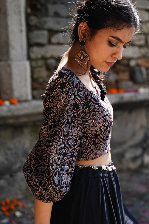 Okhai "Blackberry" Hand-Embroidered Mirrorwork Black Ajrakh Pure Cotton Blouse
