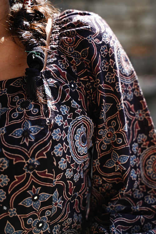Okhai "Blackberry" Hand-Embroidered Mirrorwork Black Ajrakh Pure Cotton Blouse
