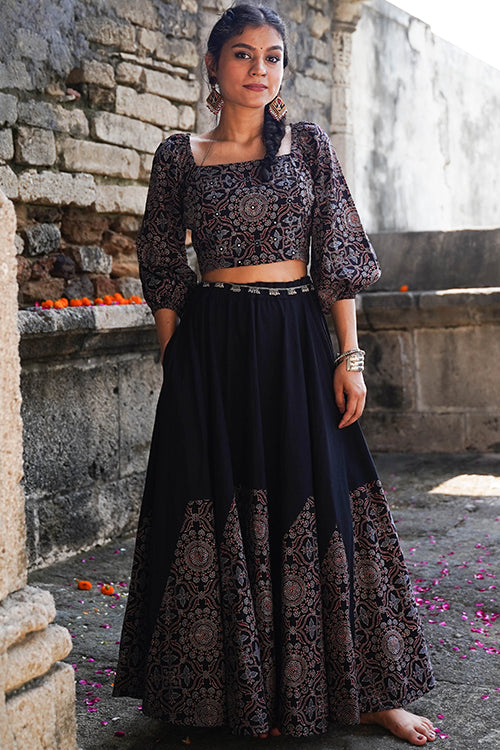 Okhai "Blackberry" Hand-Embroidered Mirrorwork Black Ajrakh Pure Cotton Blouse