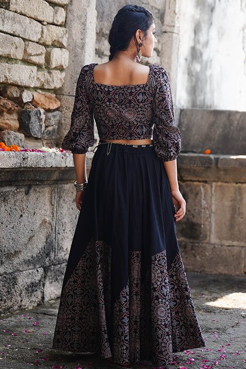 Okhai "Blackberry" Hand-Embroidered Mirrorwork Black Ajrakh Pure Cotton Blouse