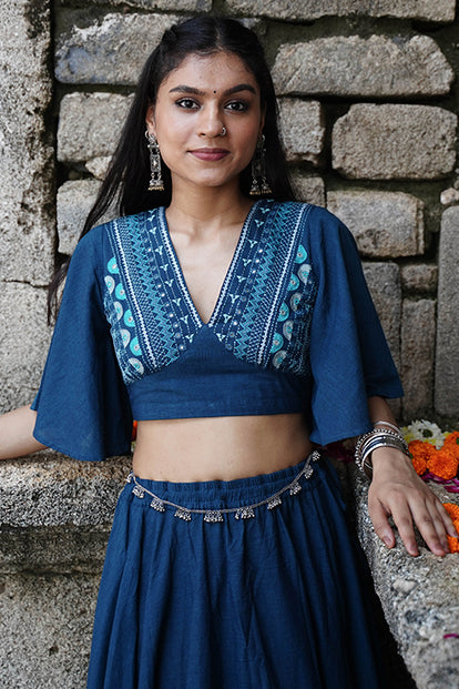 Okhai "Bluebell" Hand-Embroidery and Mirrorwork Blue Pure Cotton Blouse