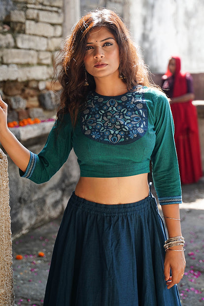 Okhai "Topaz" Hand-Embroidery and Mirrorwork Sea Green Pure Cotton Blouse