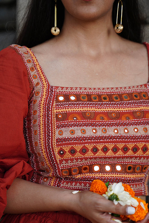 Okhai "Day Lily" Hand-Embroidery and Mirrorwork Rust Pure Cotton Blouse