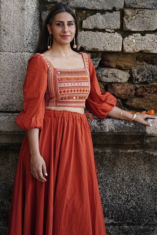 Okhai "Nritya" Hand-Embroidery and Mirrorwork Rust Pure Cotton Blouse