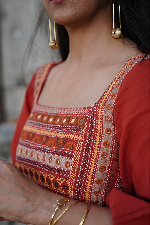 Okhai "Day Lily" Hand-Embroidery and Mirrorwork Rust Pure Cotton Blouse