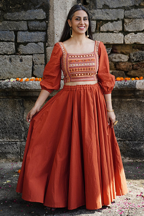 Okhai "Day Lily" Hand-Embroidery and Mirrorwork Rust Pure Cotton Blouse