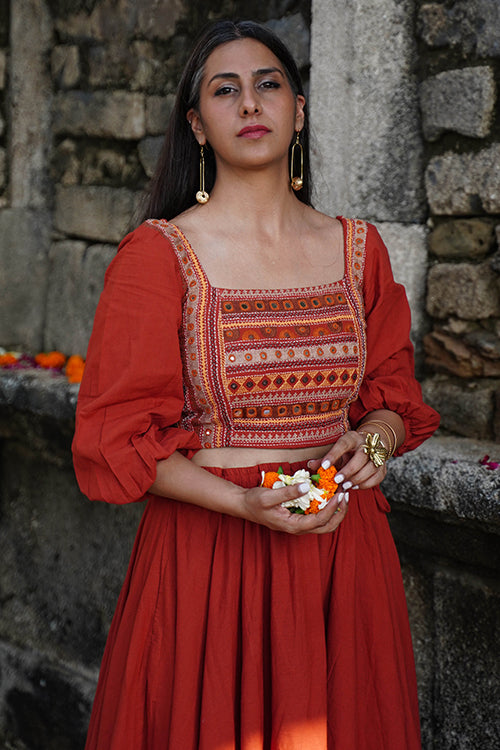 Okhai "Day Lily" Hand-Embroidery and Mirrorwork Rust Pure Cotton Blouse