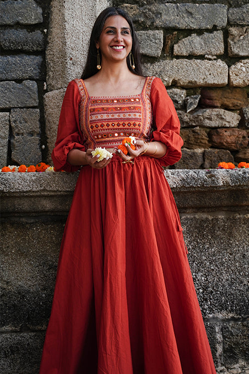 Okhai "Day Lily" Hand-Embroidery and Mirrorwork Rust Pure Cotton Blouse