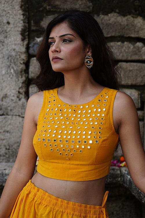 Okhai "Sunshine"  Mirrorwork Yellow Pure Cotton Sleeveless Blouse
