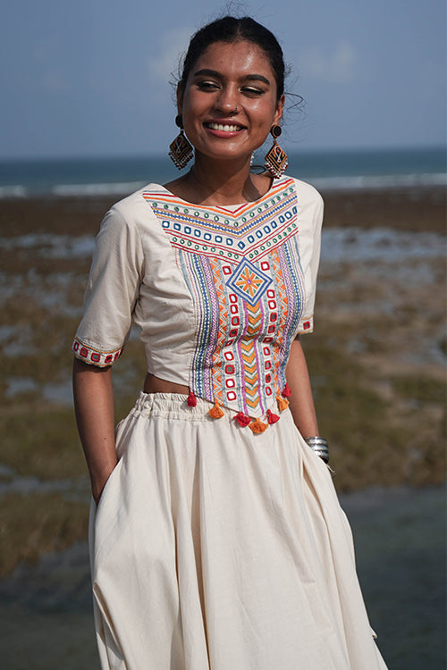 Okhai 'North Star' Hand-Embroidery and Mirrorwork Off White Pure Cotton Blouse