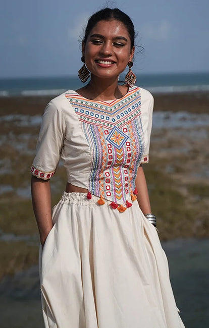 Okhai 'North Star' Hand-Embroidery and Mirrorwork Off White Pure Cotton Blouse