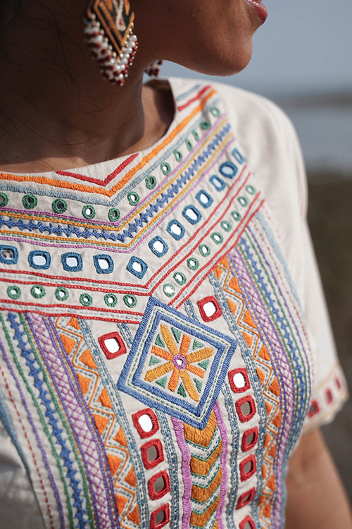 Okhai 'North Star' Hand-Embroidery and Mirrorwork Off White Pure Cotton Blouse