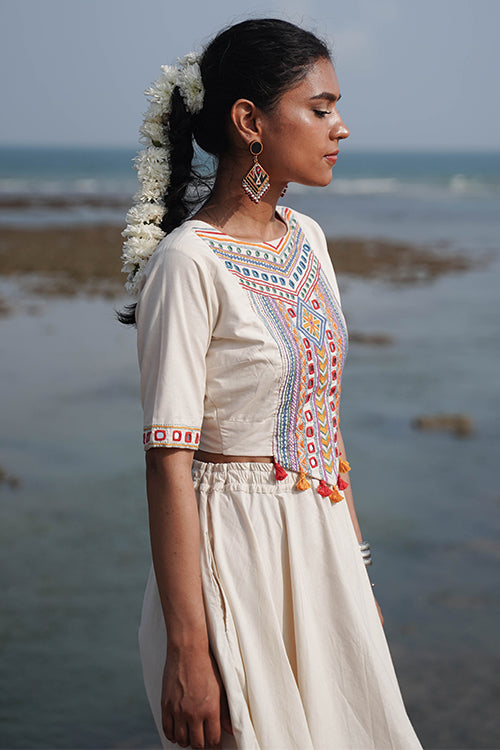 Okhai 'North Star' Hand-Embroidery and Mirrorwork Off White Pure Cotton Blouse