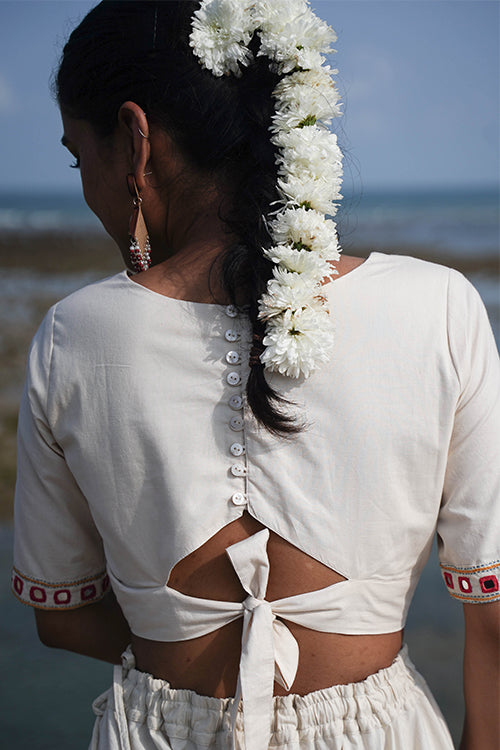 Okhai 'North Star' Hand-Embroidery and Mirrorwork Off White Pure Cotton Blouse